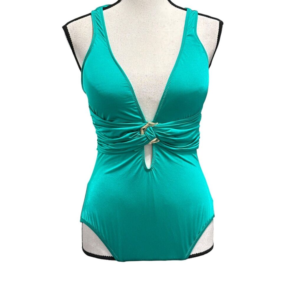 Trina Turk Teal One Pc Cutout Plunge Swimsuit Sz 12 Tie Back Gold Circle Detail